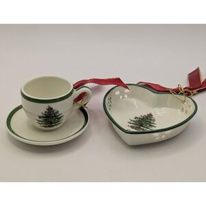 Spode Christmas Tree Teacup Saucer And Heart Shaped Dish Ornaments